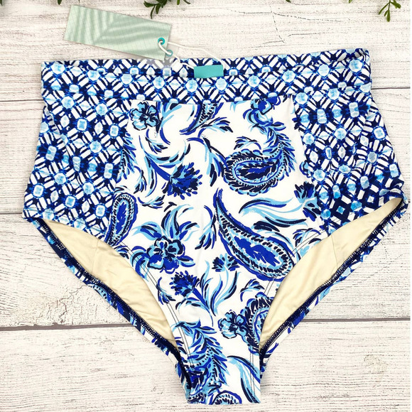 NEW COASTAL BLUE Floral Tropical High Waisted Blue & White Bikini Bottom M - Picture 2 of 8